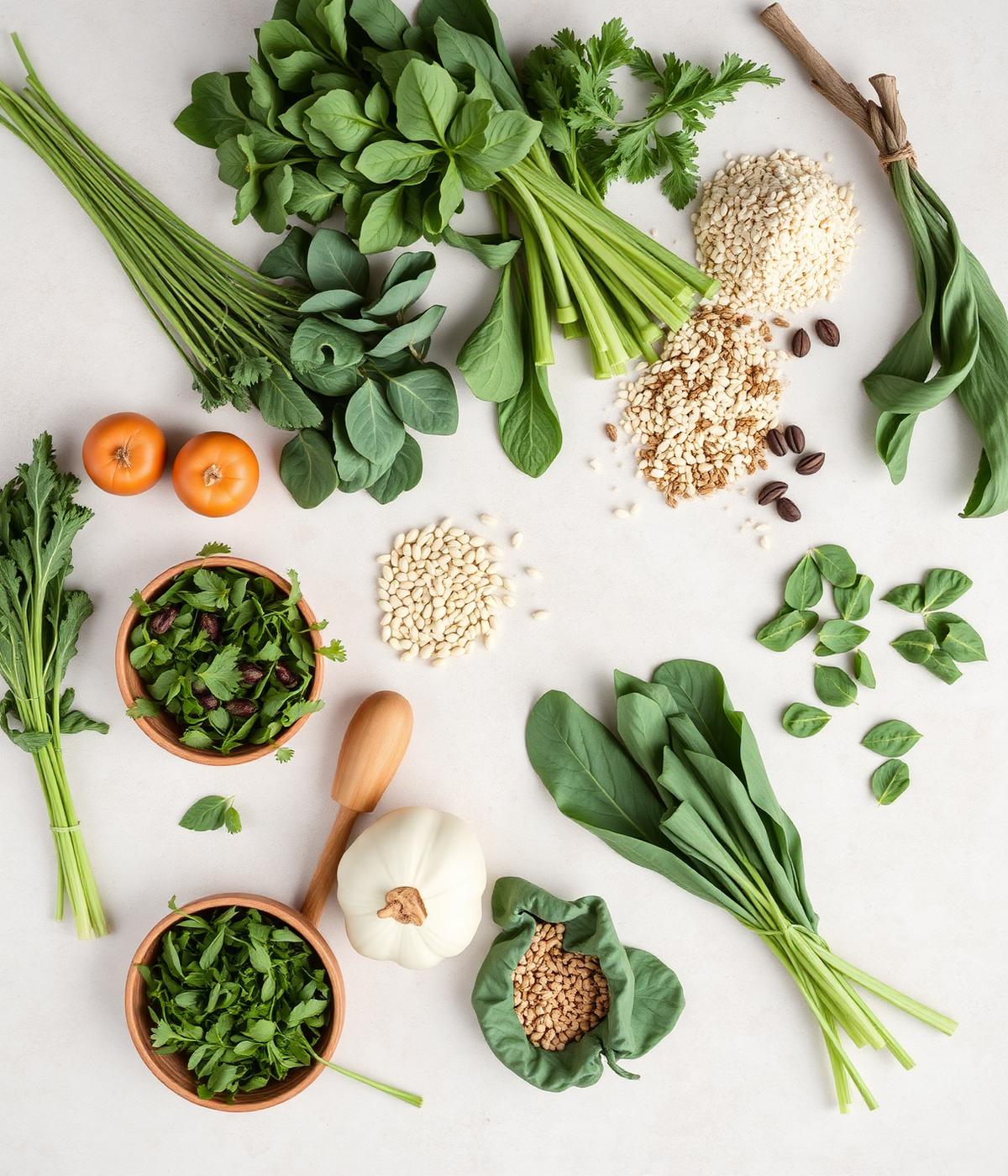 Fresh vegetables and grains arranged on a light stone surface